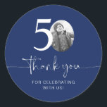 Blue 50th Birthday Thank You Classic Round Sticker<br><div class="desc">Add a personal touch to your party favors with this customizable 50th birthday sticker! Designed to make your milestone celebration extra special, this sticker allows you to add your own photo and personalize the text for a unique keepsake. Perfect for attaching to party favors, gift bags, or thank-you gifts, this...</div>