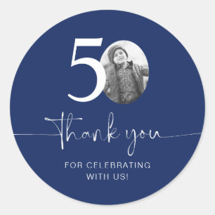 Blue 50th Birthday Thank You Classic Round Sticker