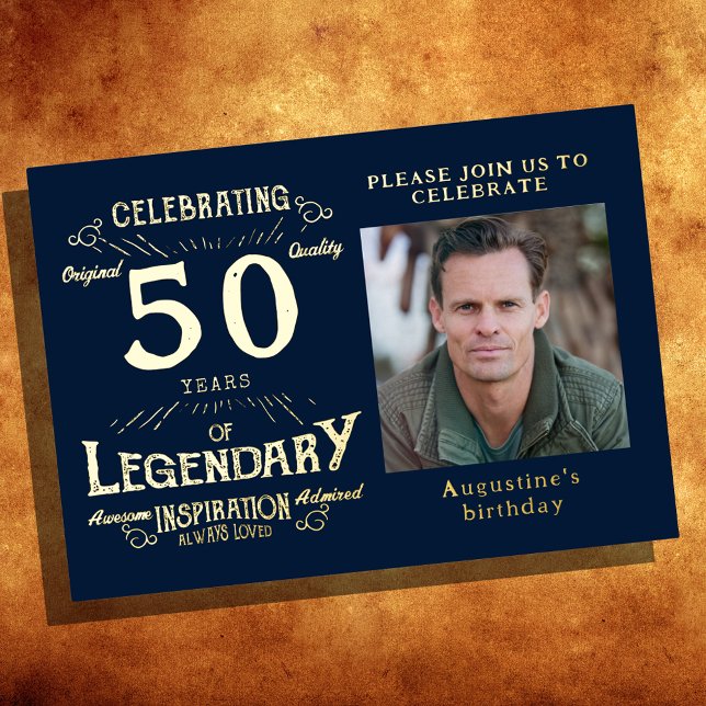 Blue 50th Birthday Vintage Gold Foil Invitation (Creator Uploaded)