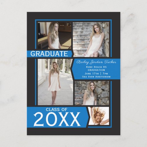 Blue 5_Photo Collage Graduation Announcement Postcard