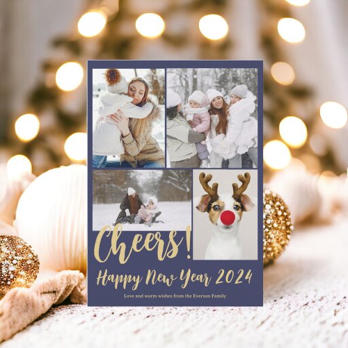 Blue 5 photos cheers Happy new year 2024 Holiday Card