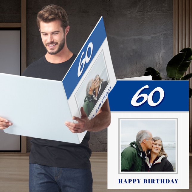 Blue 60th Birthday Custom Photo Personalized Big Card (Creator Uploaded)