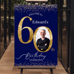 Blue 60th Birthday Photo Welcome Sign Template, Na