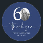 Blue 60th Birthday Thank You Classic Round Sticker<br><div class="desc">Add a personal touch to your party favors with this customizable 60th birthday sticker! Designed to make your milestone celebration extra special, this sticker allows you to add your own photo and personalize the text for a unique keepsake. Perfect for attaching to party favors, gift bags, or thank-you gifts, this...</div>