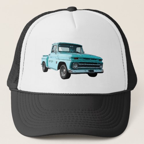 blue 64 Chevy stepside pickup on trucker hat