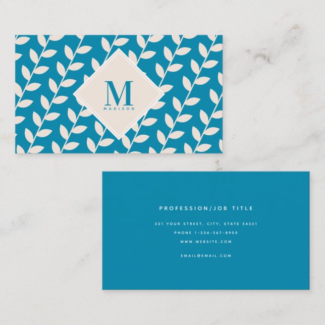 Blue 70s Retro Leaf Monogram Initial  Business Card (Front/Back)