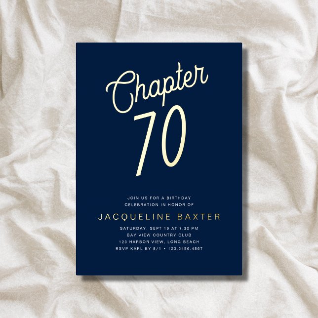 Blue 70th Birthday Gold Script Chapter 70 Party Foil Invitation (Creator Uploaded)