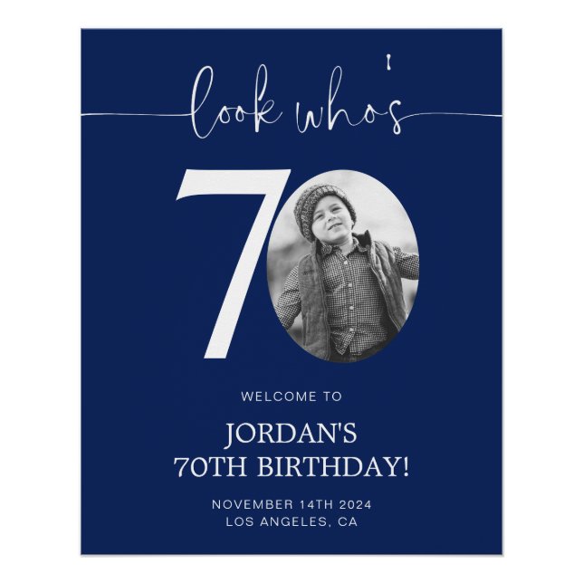 Blue 70th Birthday Welcome Sign | Look Who's 70 (Front)