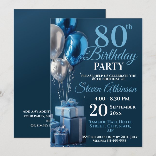 Blue 80th Birthday Balloon Gifts Invitation (Front/Back)