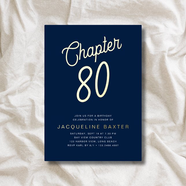 Blue 80th Birthday Gold Script Chapter 80 Party Foil Invitation (Creator Uploaded)