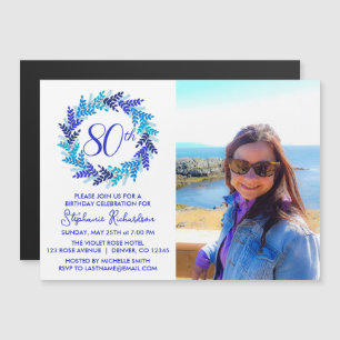 Blue 80th Birthday Party Photo Invitation Magnet