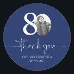 Blue 80th Birthday Thank You Classic Round Sticker<br><div class="desc">Add a personal touch to your party favors with this customizable 80th birthday sticker! Designed to make your milestone celebration extra special, this sticker allows you to add your own photo and personalize the text for a unique keepsake. Perfect for attaching to party favors, gift bags, or thank-you gifts, this...</div>