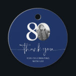 Blue 80th Birthday Thank You Favor Tags<br><div class="desc">Add a personal touch to your party favors with this customizable 80th birthday favor tag! Designed to make your milestone celebration extra special, this tag allows you to add your own photo and personalize the text for a unique keepsake. Perfect for attaching to party favors, gift bags, or thank-you gifts,...</div>