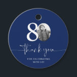 Blue 80th Birthday Thank You Favor Tags<br><div class="desc">Add a personal touch to your party favors with this customizable 80th birthday favor tag! Designed to make your milestone celebration extra special, this tag allows you to add your own photo and personalize the text for a unique keepsake. Perfect for attaching to party favors, gift bags, or thank-you gifts,...</div>