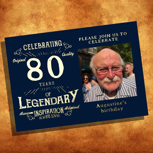 Blue 80th Birthday Vintage Gold Foil Invitation