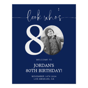 Blue 80th Birthday Welcome Sign   Look Who's 80
