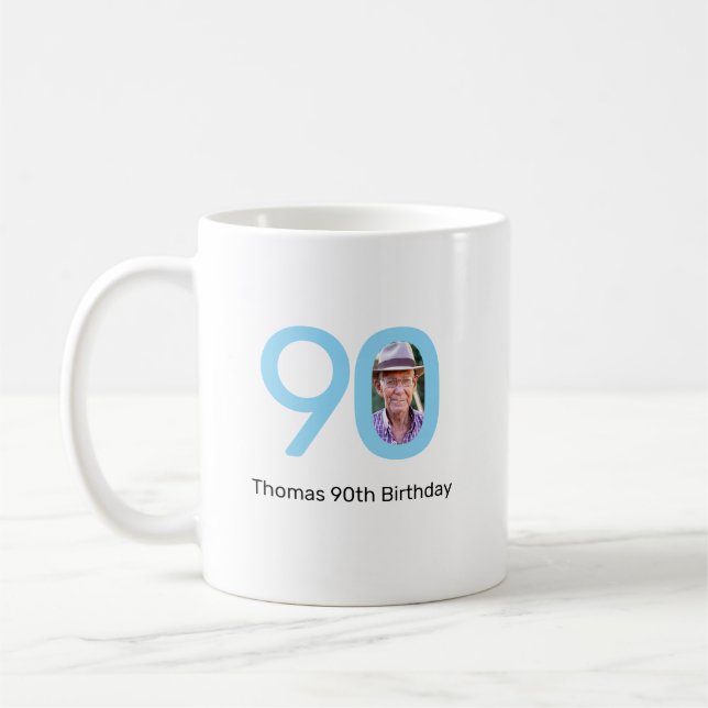 Blue 90th Birthday Custom Photo Coffee Mug (Left)