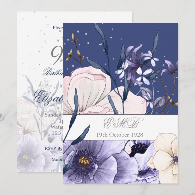 Blue 90Th Birthday Floral Silver Elegant Chic Invitation (Front/Back)