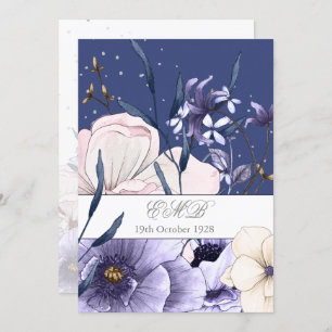 Blue 90Th Birthday Floral Silver Elegant Chic Invitation