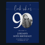 Blue 90th Birthday Welcome Sign | Look Who's 90<br><div class="desc">Welcome guests to your 90th birthday celebration with this stunning editable welcome sign. Featuring a sleek, customizable layout, this template allows you to easily add your own photo and personalize the text, making it a perfect addition to your milestone 90th birthday decor. Ideal for entryways or as a party focal...</div>