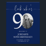 Blue 90th Birthday Welcome Sign | Look Who's 90<br><div class="desc">Welcome guests to your 90th birthday celebration with this stunning editable welcome sign. Featuring a sleek, customizable layout, this template allows you to easily add your own photo and personalize the text, making it a perfect addition to your milestone 90th birthday decor. Ideal for entryways or as a party focal...</div>