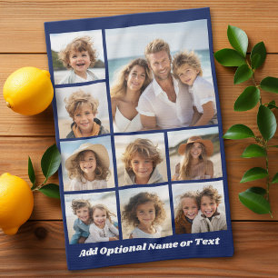Blue 9 Photo Square Collage - with script white Kitchen Towel