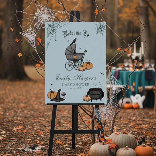 Blue A Baby is Brewing Baby Shower Welcome Sign (Halloween Baby Shower Welcome Sign for Fall Celebration in Elegant Blue. Spooky Vintage Stroller)