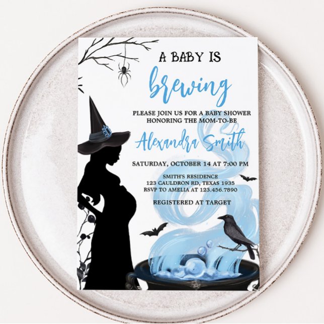 Blue A Baby is Brewing Halloween Baby Shower Invitation (Blue Witch A Baby is Brewing Baby Shower Invitation)