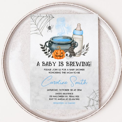 Blue A Baby is Brewing Halloween Baby Shower Invitation