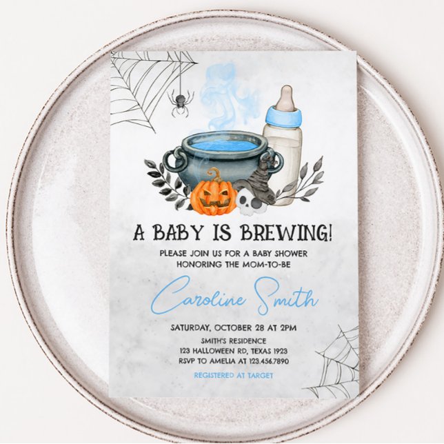 Blue A Baby is Brewing Halloween Baby Shower Invitation (Boy Halloween Baby Shower Invitation)
