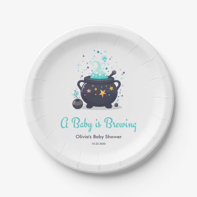 Blue A Baby is Brewing Halloween Baby Shower  Paper Plates (Front)