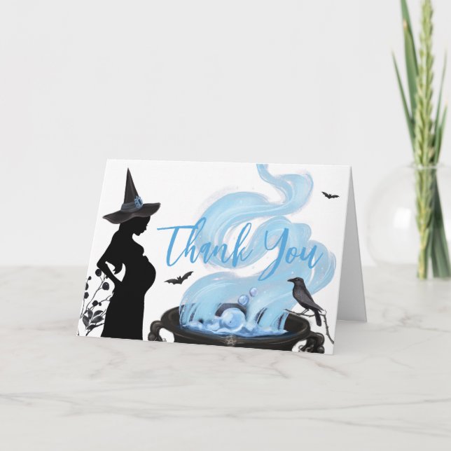 Blue A Baby is Brewing Halloween Baby Shower Thank You Card (Front)