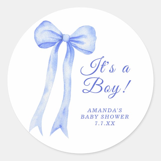 Blue a Bow It's a Boy Baby shower Classic Round Sticker (Front)