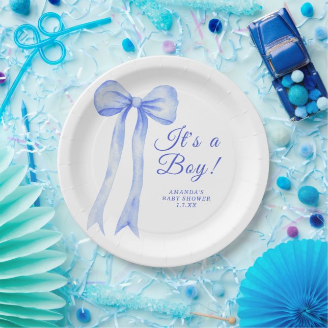 Blue a Bow It's a Boy Baby shower Paper Plates (Party)