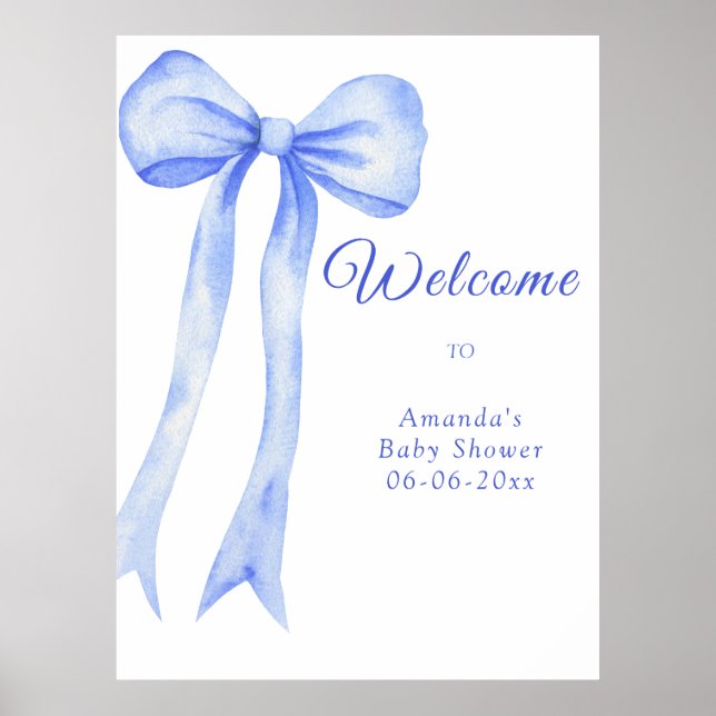 blue a bow - welcome baby shower party poster (Front)