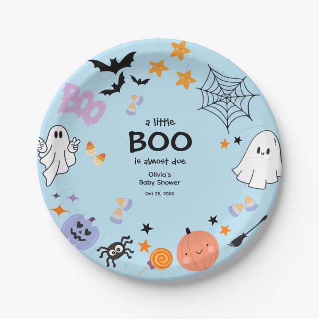 Blue A Little Boo Cute Ghost Halloween Baby Shower Paper Plates (Front)