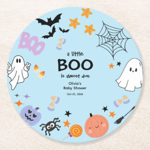 Blue A Little Boo Cute Ghost Halloween Baby Shower Round Paper Coaster