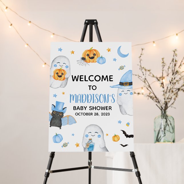 Blue A Little Boo Ghost Baby Shower Welcome Sign (In Situ (Stand))