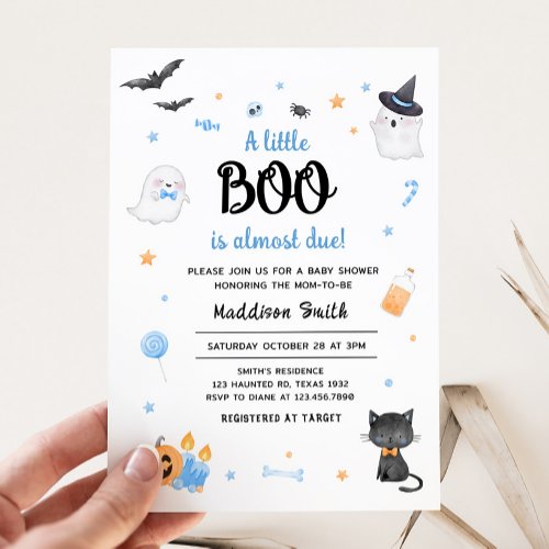 Blue A Little Boo Halloween Baby Shower Invitation