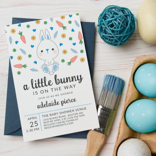 Blue A Little Bunny Spring Boy Baby Shower Invitation