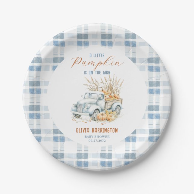 Blue A Little Pumpkin Truck Boy Baby Shower Paper Plates (Front)
