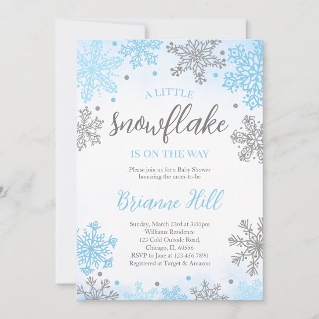 Blue A Little Snowflake Baby Shower Invitation (Front)