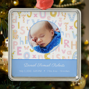 Blue ABC Birth Stat Baby Boys Photo Christmas Metal Ornament
