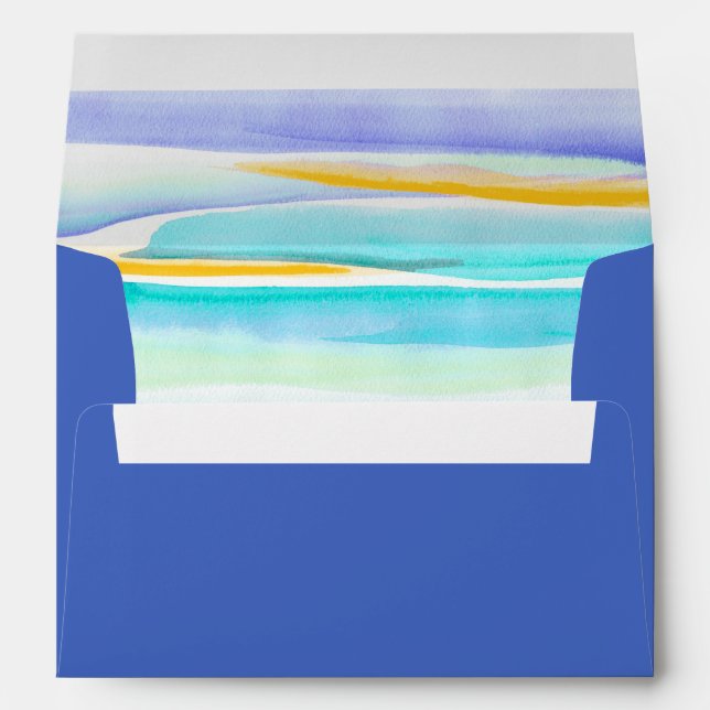 Blue abstract art tropical lines wedding envelope (Back (Bottom))
