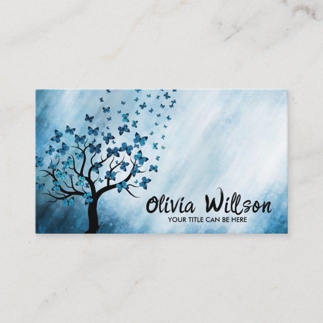 Blue Abstract Butterfly Tree Business Card (Front)