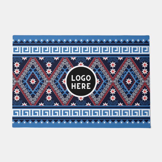 Blue Abstract Ethnic Geometric Patterns with Logo Doormat (Front)