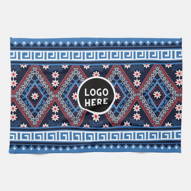 Blue Abstract Ethnic Geometric Patterns with Logo Kitchen Towel (Horizontal)