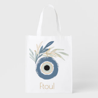 Blue abstract evil eye with leaves grocery bag