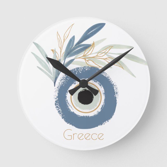Blue abstract evil eye with leaves round clock (Front)