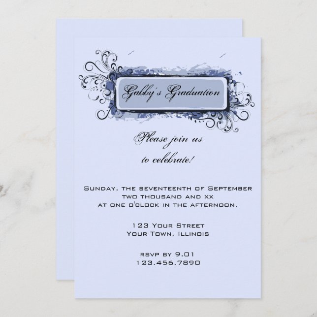 Blue Abstract Floral Graduation Party Invitation (Front/Back)